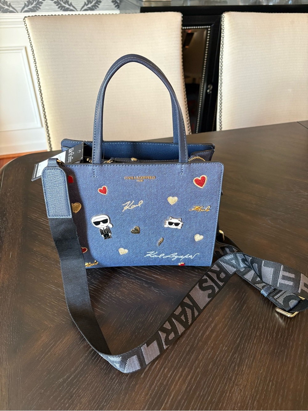 Karl Lagerfeld Paris Maybelle Satchel Bag Strap Double Top Handle Denim NWT